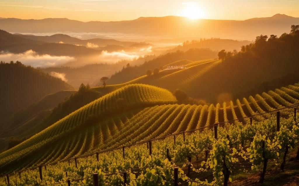 Vigneti di Prosecco sulle colline di Valdobbiadene all'alba