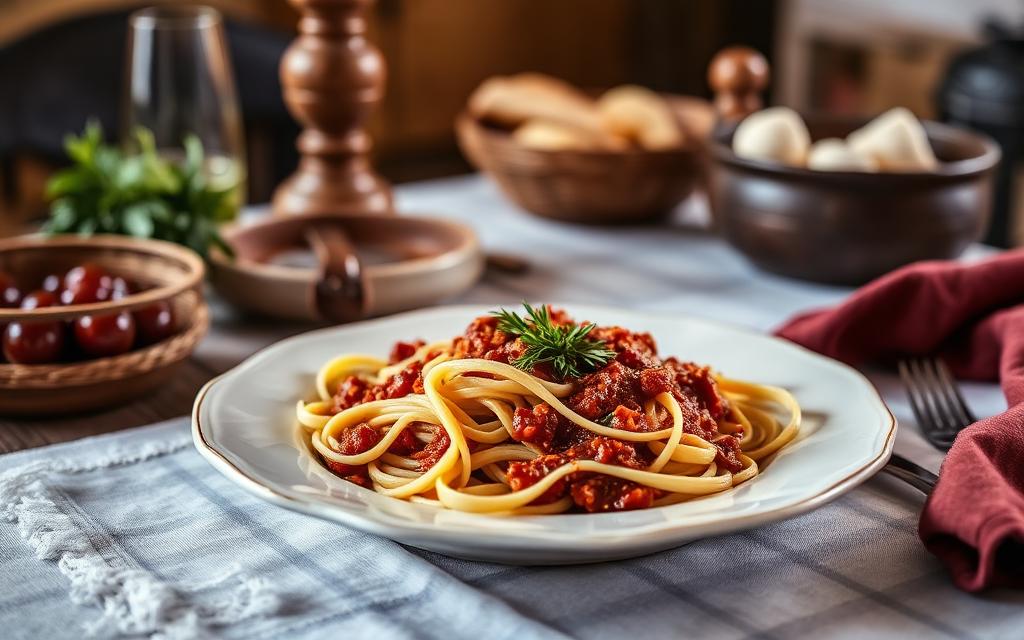 Piatto di tagliatelle al ragù su una tavola di osteria