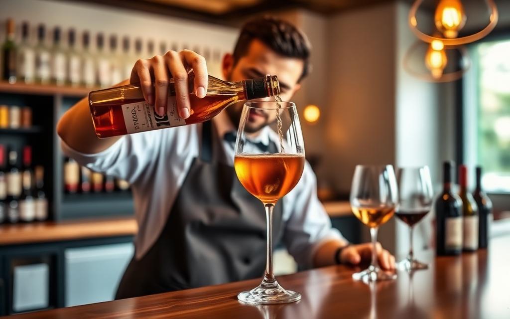 Sommelier versa un vino macerato ambrato in un wine bar