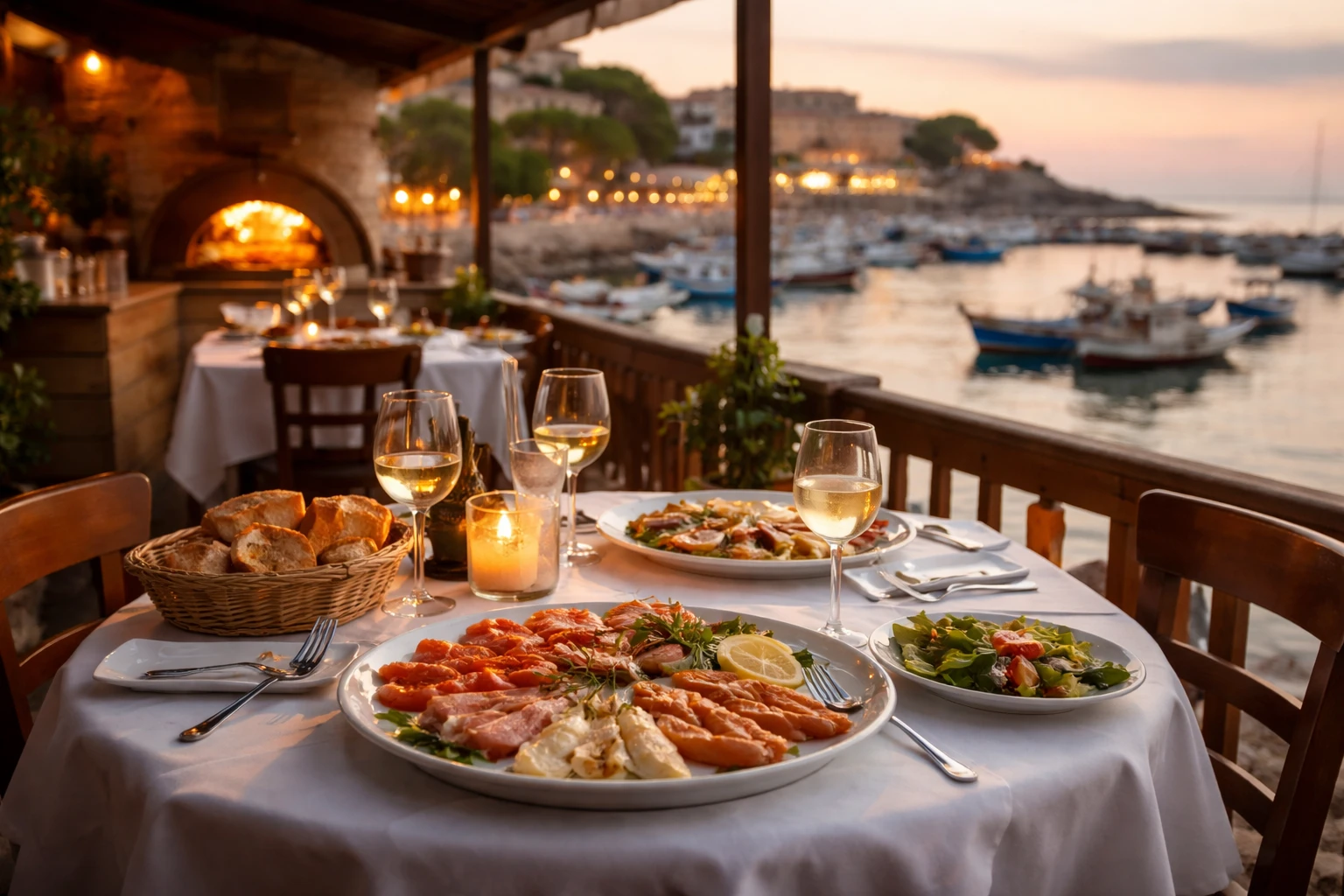 La terrazza del ristorante Mediterraneo affacciata sul porto di Acciaroli al tramonto, con tavoli apparecchiati e crudi di mare.