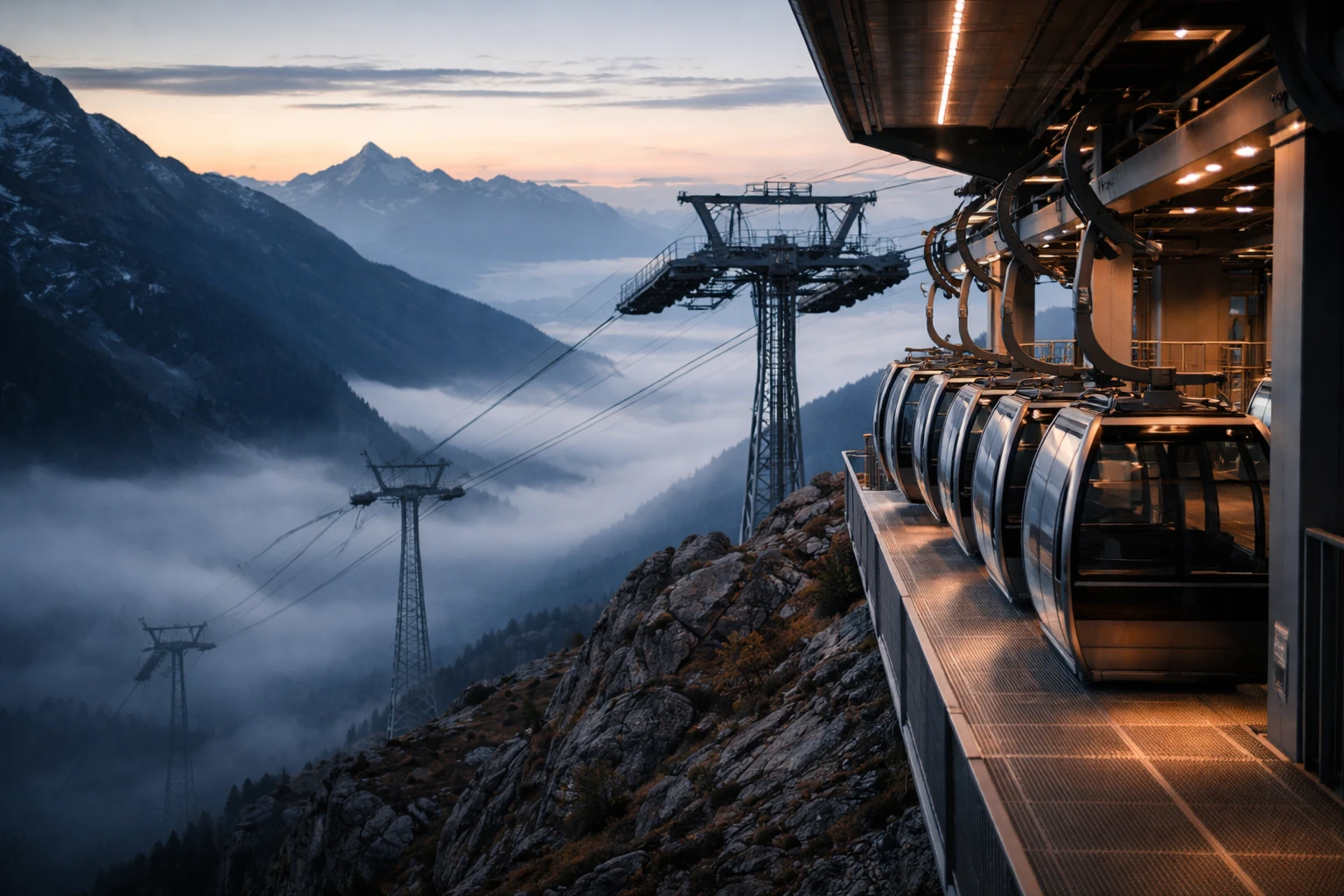 Stazione di partenza di una funivia di montagna all'alba, con le cabine allineate sulla banchina e la nebbia nella valle sottostante