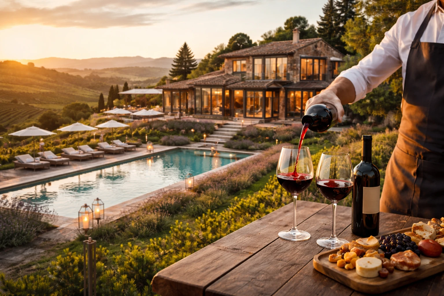 Villa rinnovata in Toscana con estensioni moderne, circondata da vigneti e con una piscina di hotel di lusso sullo sfondo
