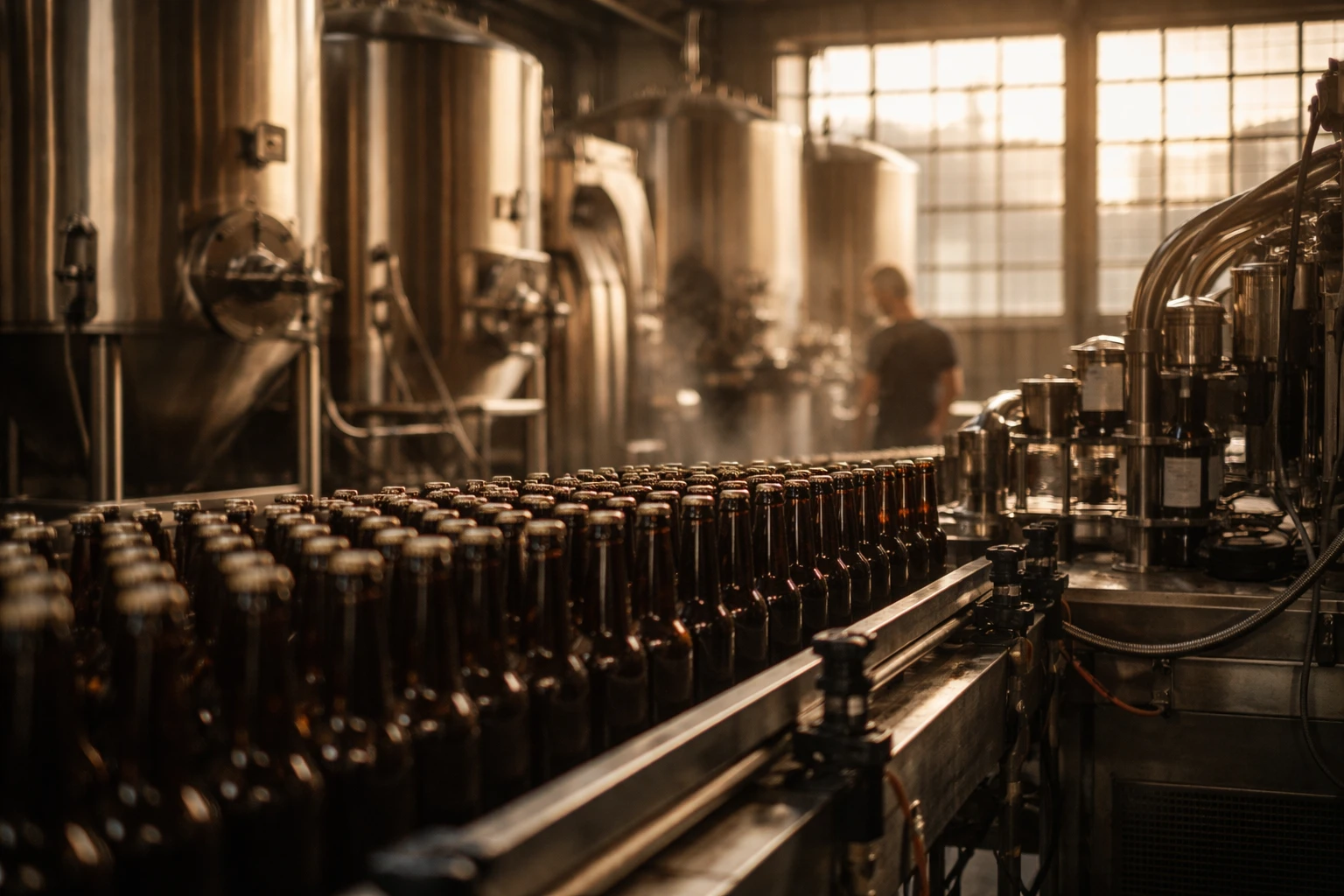 Bottiglie di vetro senza etichetta su un nastro di imbottigliamento davanti ai serbatoi in acciaio di un birrificio artigianale piemontese