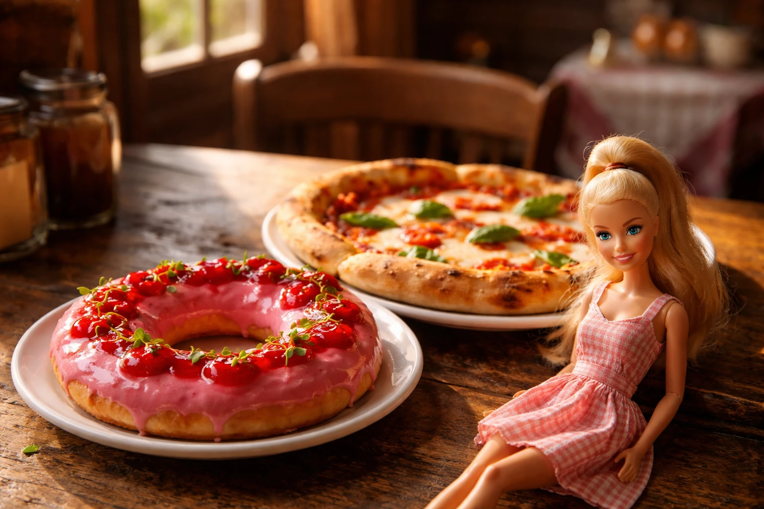 Una tavola di legno rustica in un pizzeria italiana, con una pizza rosa a forma di ciambella con Glassa di ciliegia e microgreens accanto a una margherita classica