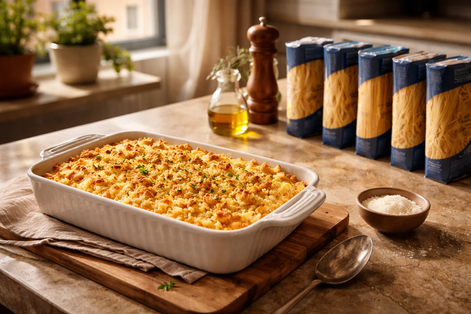 Cucina domestica americana con tegame di mac and cheese dorato accanto a confezioni di pasta Barilla.