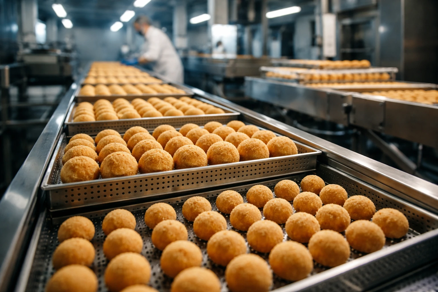 Linea di produzione industriale di arancini e olive all'ascolana surgelati in uno stabilimento italiano