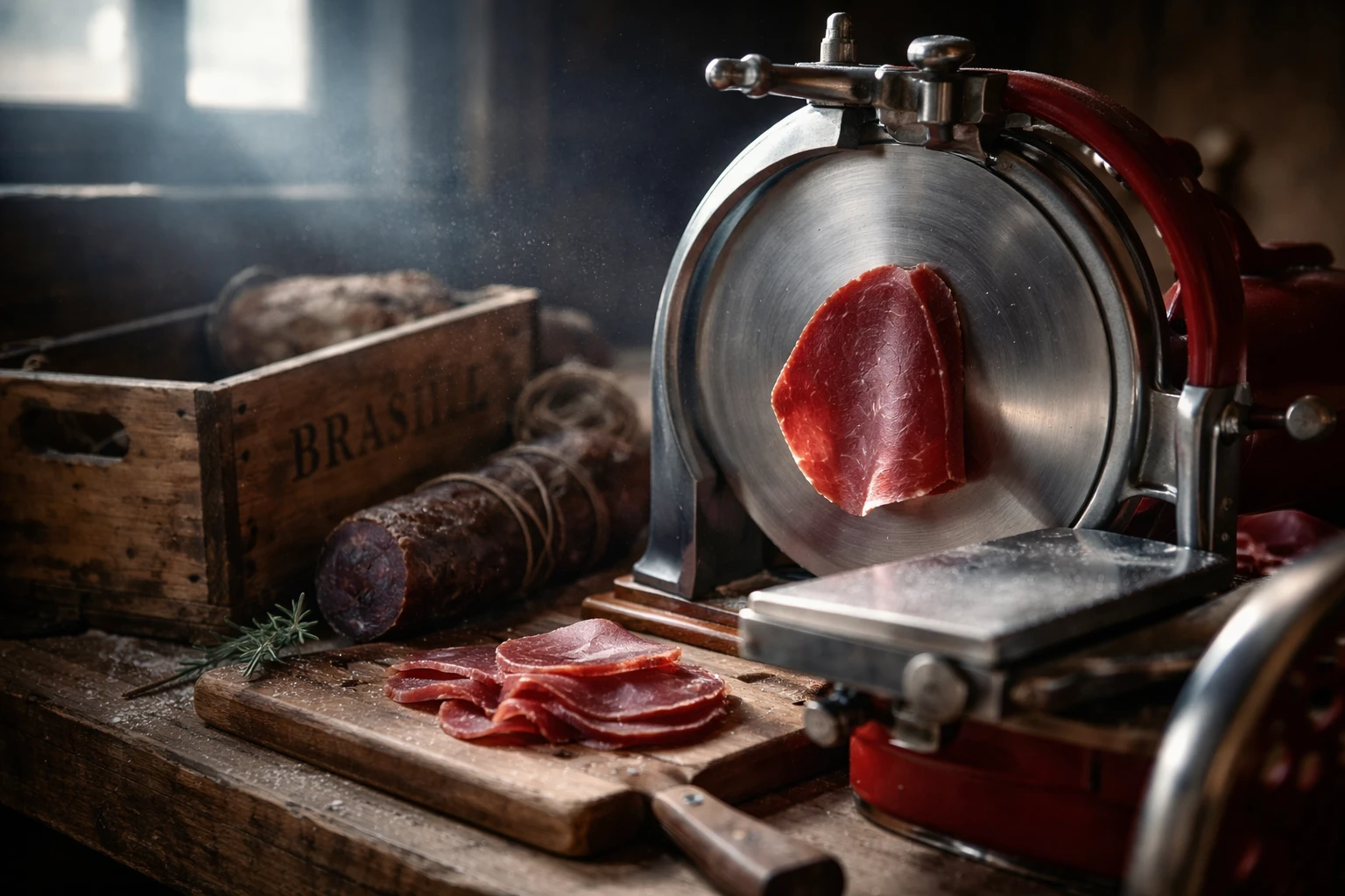 Affettatrice Berkel vintage con una fetta di bresaola sul lama e una cassa vuota del Brasile rovesciata sullo sfondo, in un laboratorio valtellinese.