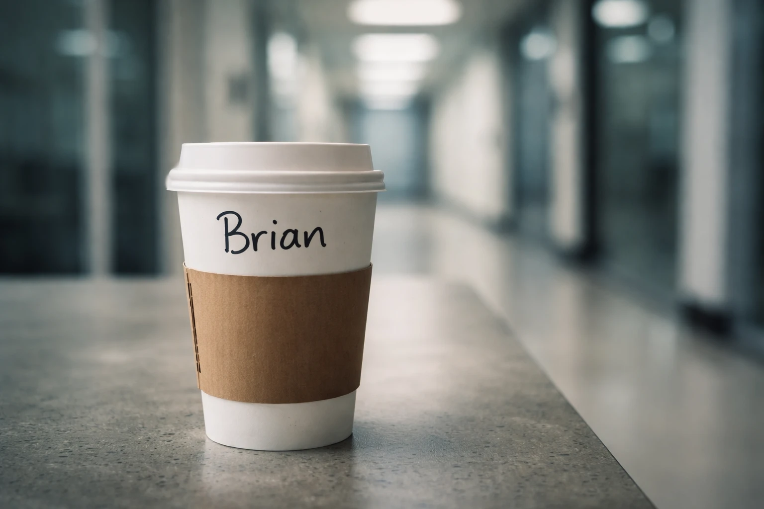 Primo piano di un bicchiere Starbucks con il nome 'Brian' scritto a pennarello su un tavolo in cemento levigato in un corridoio aziendale.