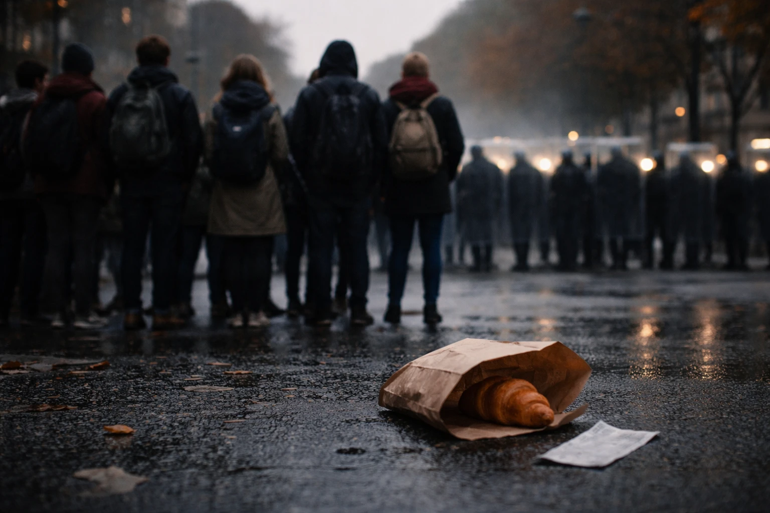 Piazza affollata al crepuscolo con giovani manifestanti di spalle e, in primo piano sull'asfalto bagnato, un sacchetto del pane con una brioche e uno scontrino del supermercato