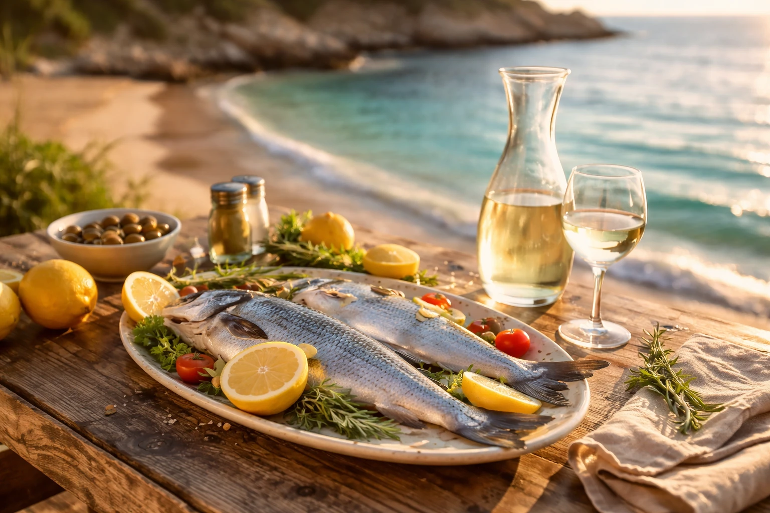 Tavolo in legno a Casa Caputo con pesce fresco, limoni e caraffa di vino sul mare