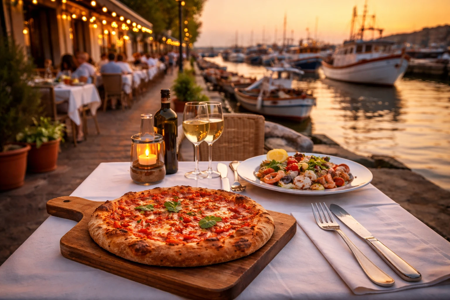 Tavoli all'aperto di Casa Clementina a Fiumicino con vista sui pescherecci, pizza al padellino e insalata di mare sul tavolo.