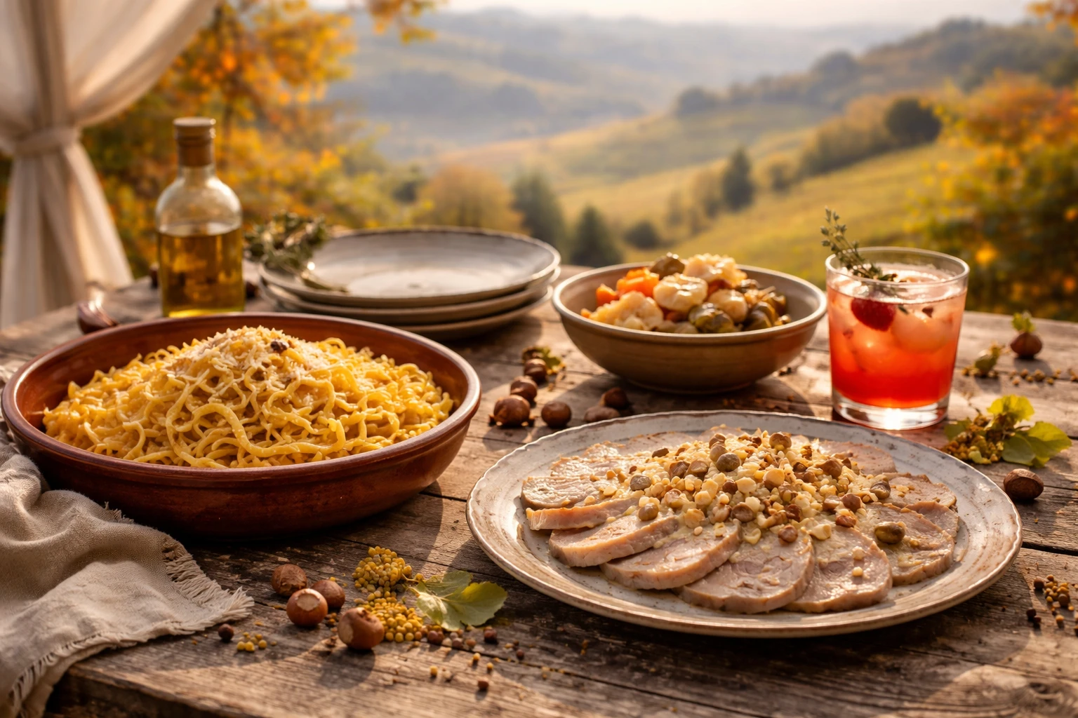 Tavolo in legno sotto un bersò bianco con tajarin al ragù di coniglio, vitello tonnato alle nocciole e verdure fermentate, sullo sfondo le colline delle Langhe in autunno