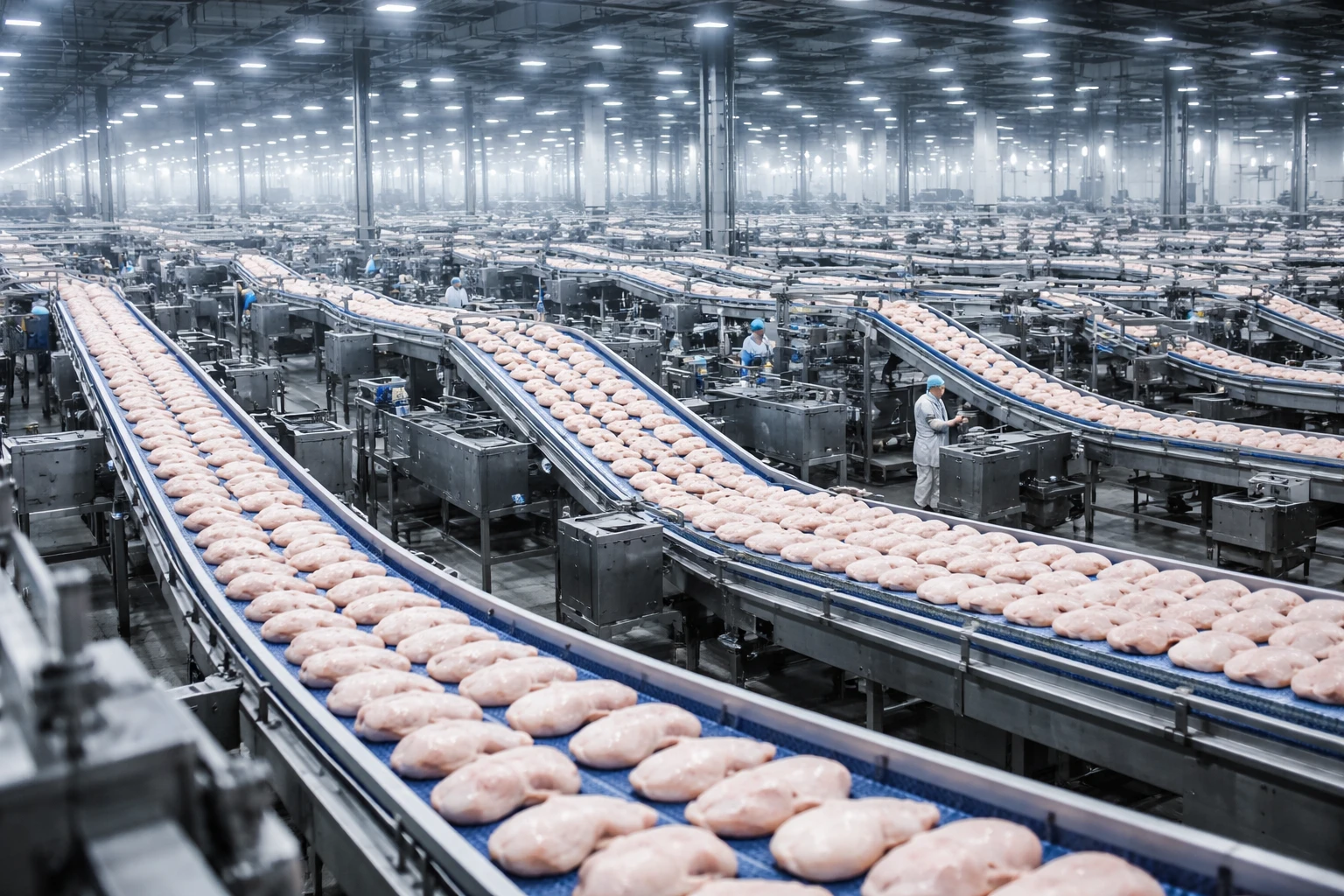 Interno di un grande impianto di lavorazione del pollo a Tengzhou, nastri trasportatori carichi di carne bianca.
