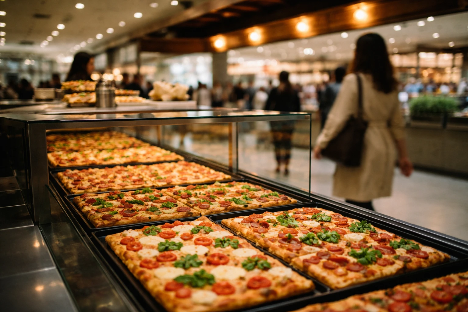 Banco di pizza romana in teglia in un centro commerciale, con clienti di passaggio sullo sfondo