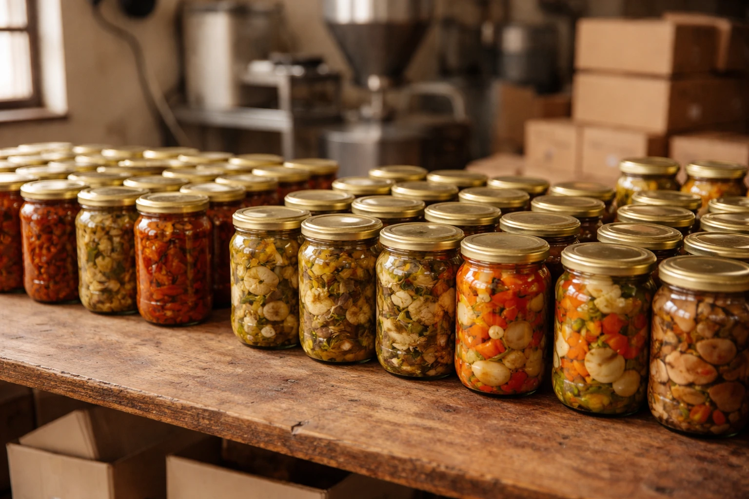 Vasetti di verdure sott'olio e agrodolce allineati su un banco di legno in un laboratorio artigianale italiano