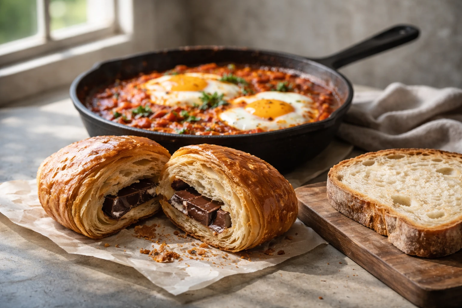 Pain au chocolat spezzato che mostra la sfoglia e il cioccolato, accanto a padellina in ghisa con uova alla diavola nel sugo rosso e fetta di pane rustico su tagliere.