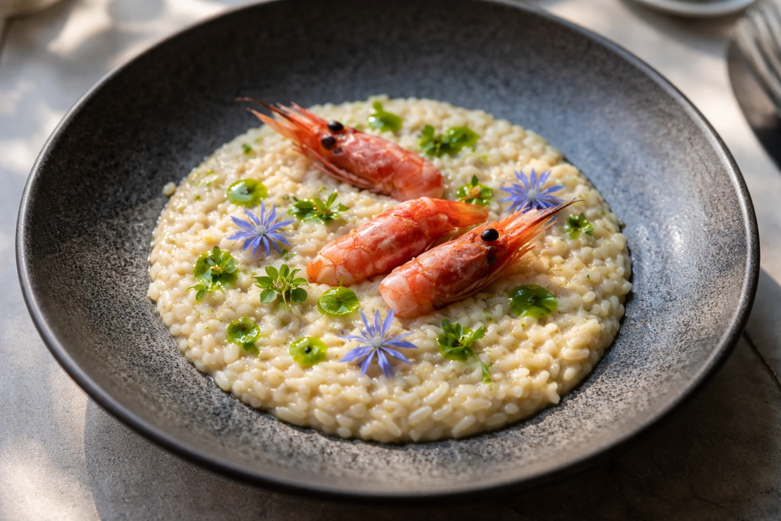 Risotto Carnaroli con gambero rosso, olio al basilico e fiori di borragine servito su piatto in pietra grigia al ristorante Cracco Portofino.