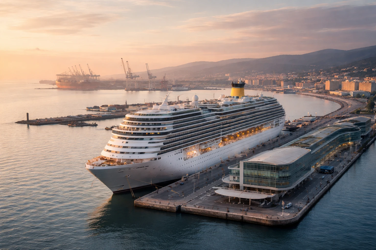 Vista aerea di un grande porto crocieristico italiano all'alba con nave ormeggiata e cantieri visibili sullo sfondo