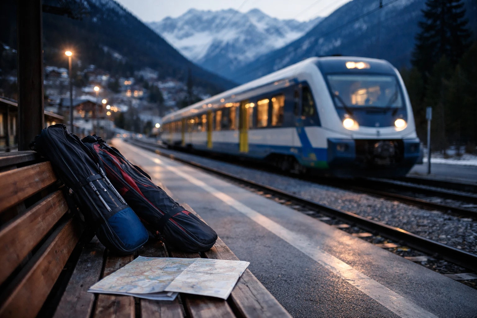 Treno regionale fermo al binario di una piccola stazione alpina all'alba, con montagne innevate sullo sfondo e una mappa su una panchina di legno
