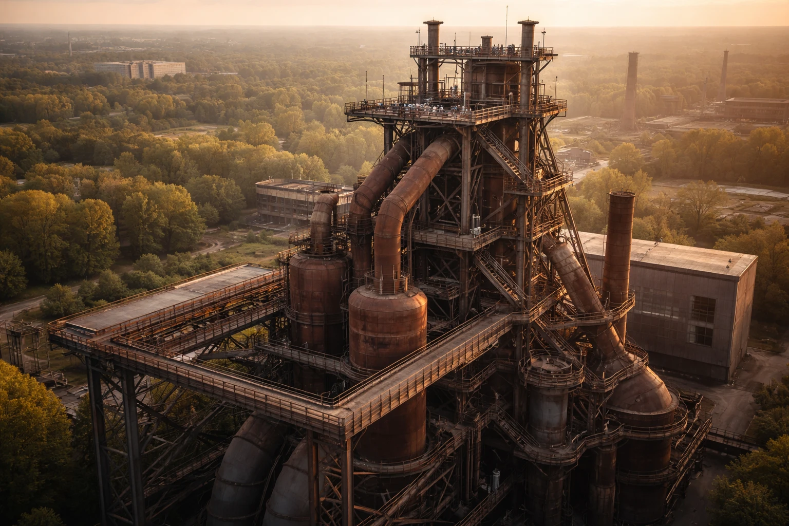 L'altoforno 5 del Landschaftspark Nord a Duisburg, set di Hunger Games, con passerelle sospese e piattaforma panoramica.