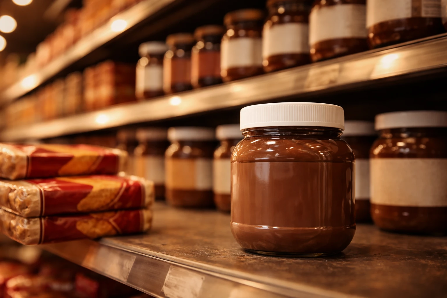 Scaffale di supermercato con barattoli di crema spalmabile e confezioni di biscotti, con un vasetto a fuoco in primo piano