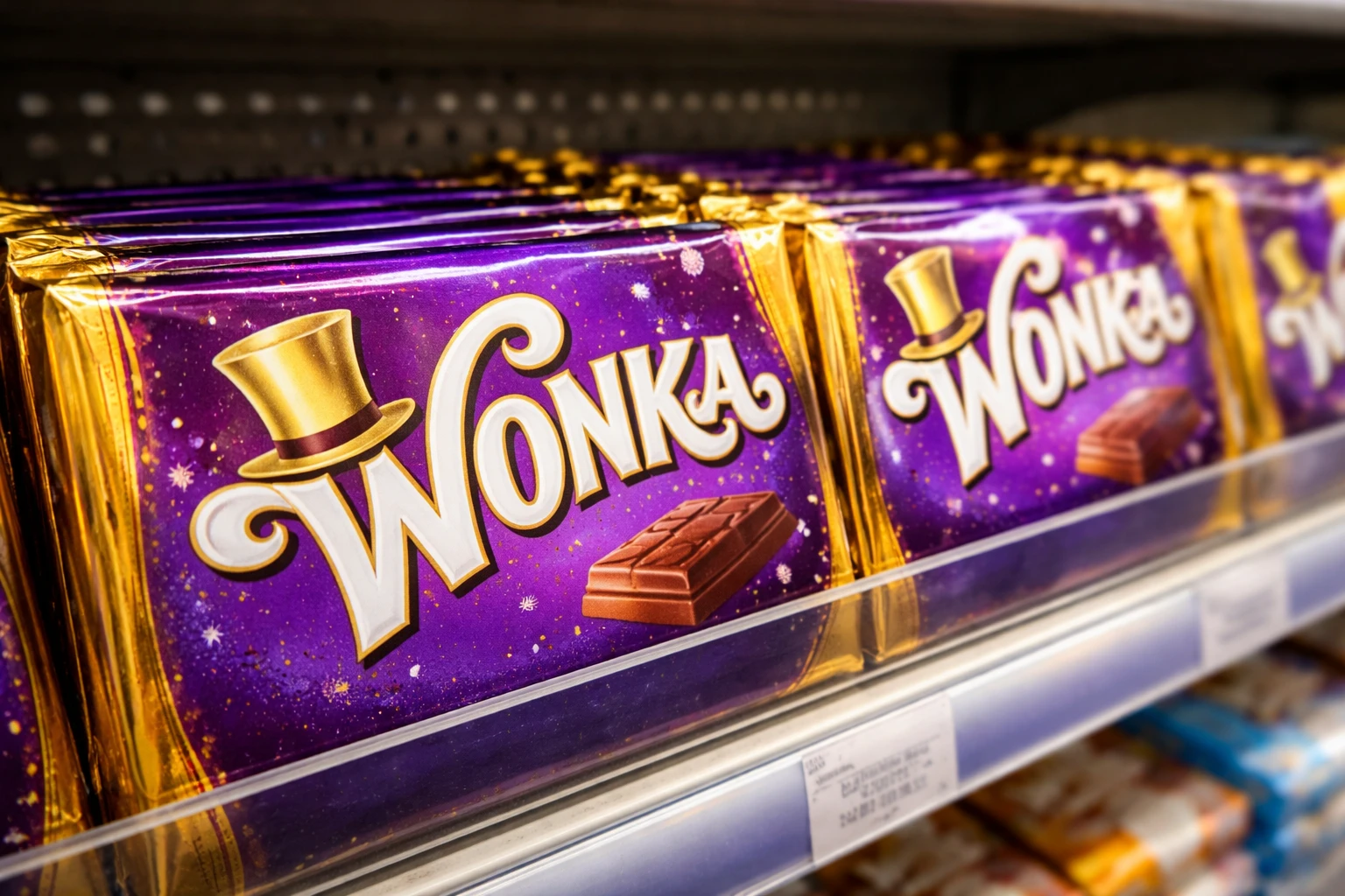 Scaffale di supermercato con barrette di cioccolato Willy Wonka viola e dorate in primo piano.