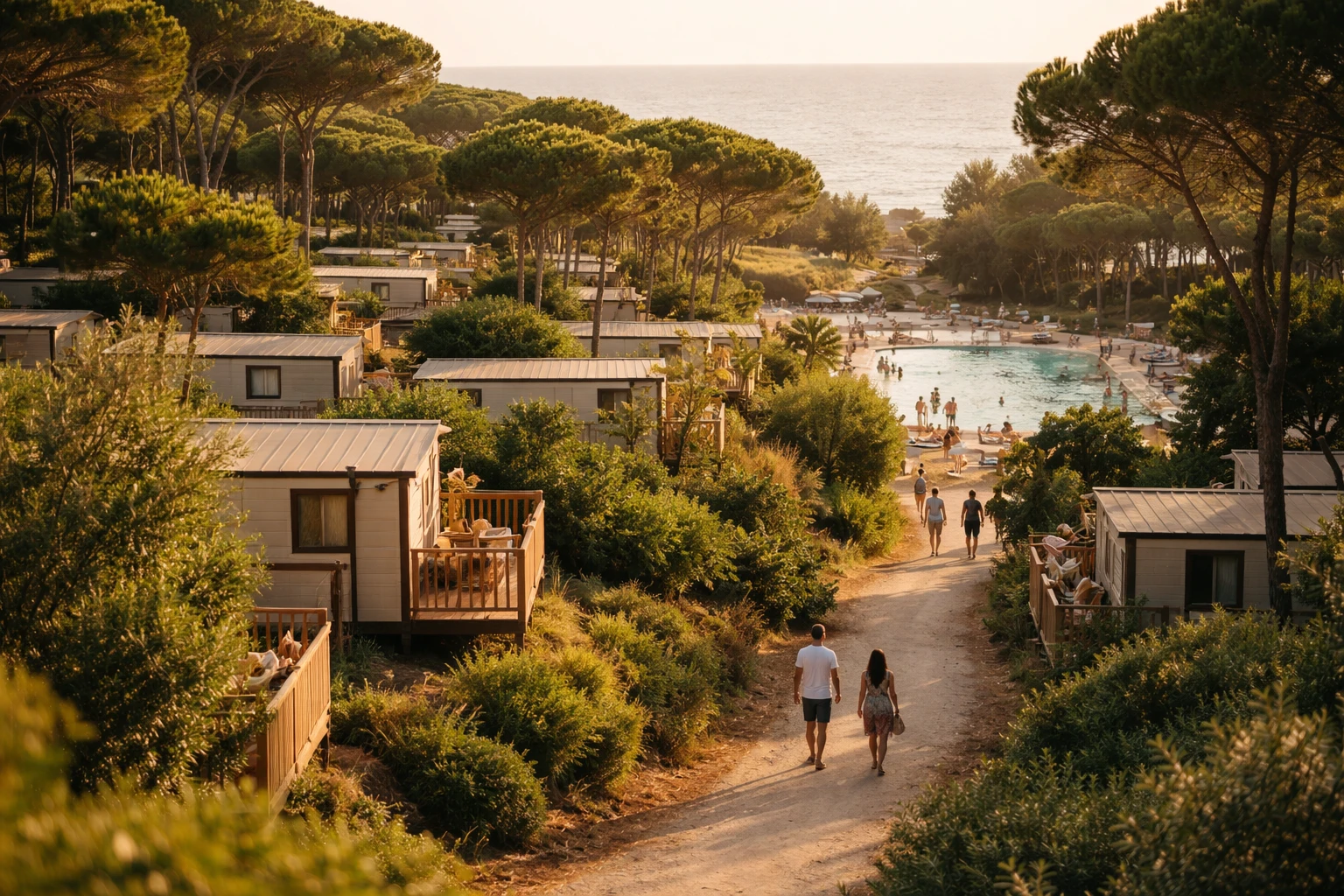 Veduta aerea di un villaggio turistico sulla costa italiana al tramonto, con le mobile home tra i pini marittimi e la piscina