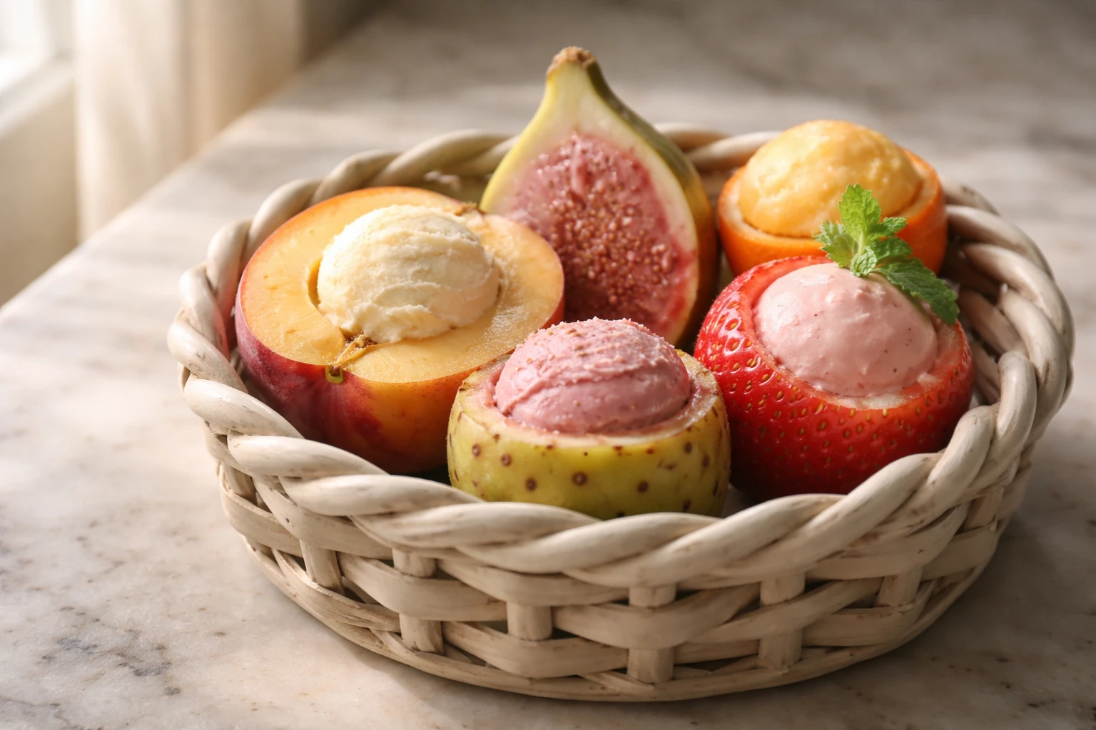 Cesto in ceramica con fruttini gelato: frutti veri tagliati a metà e riempiti di gelato al posto della polpa