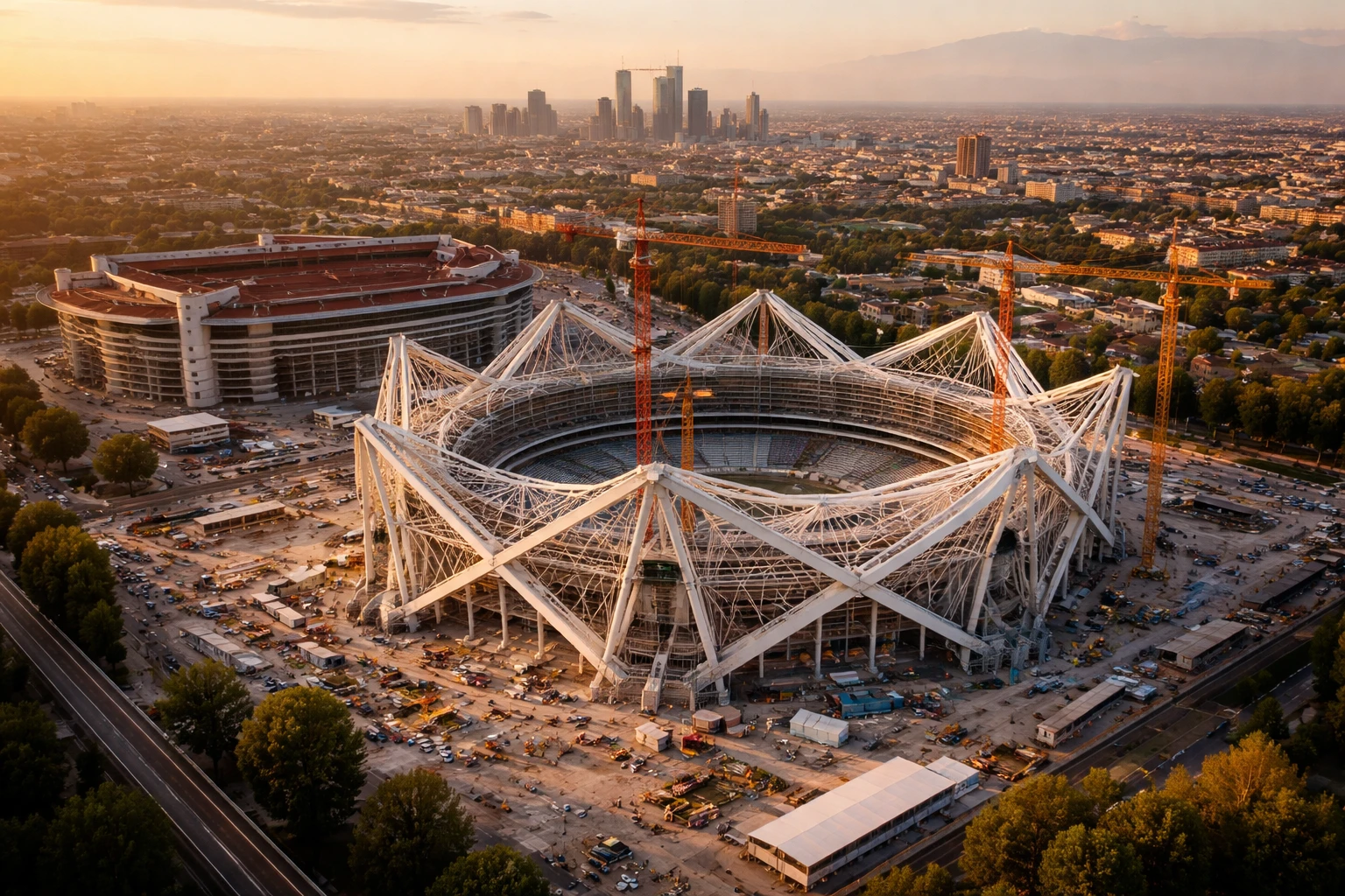 Vista aerea del cantiere del nuovo Generali Stadium accanto al vecchio San Siro a Milano, con la struttura a X in evidenza