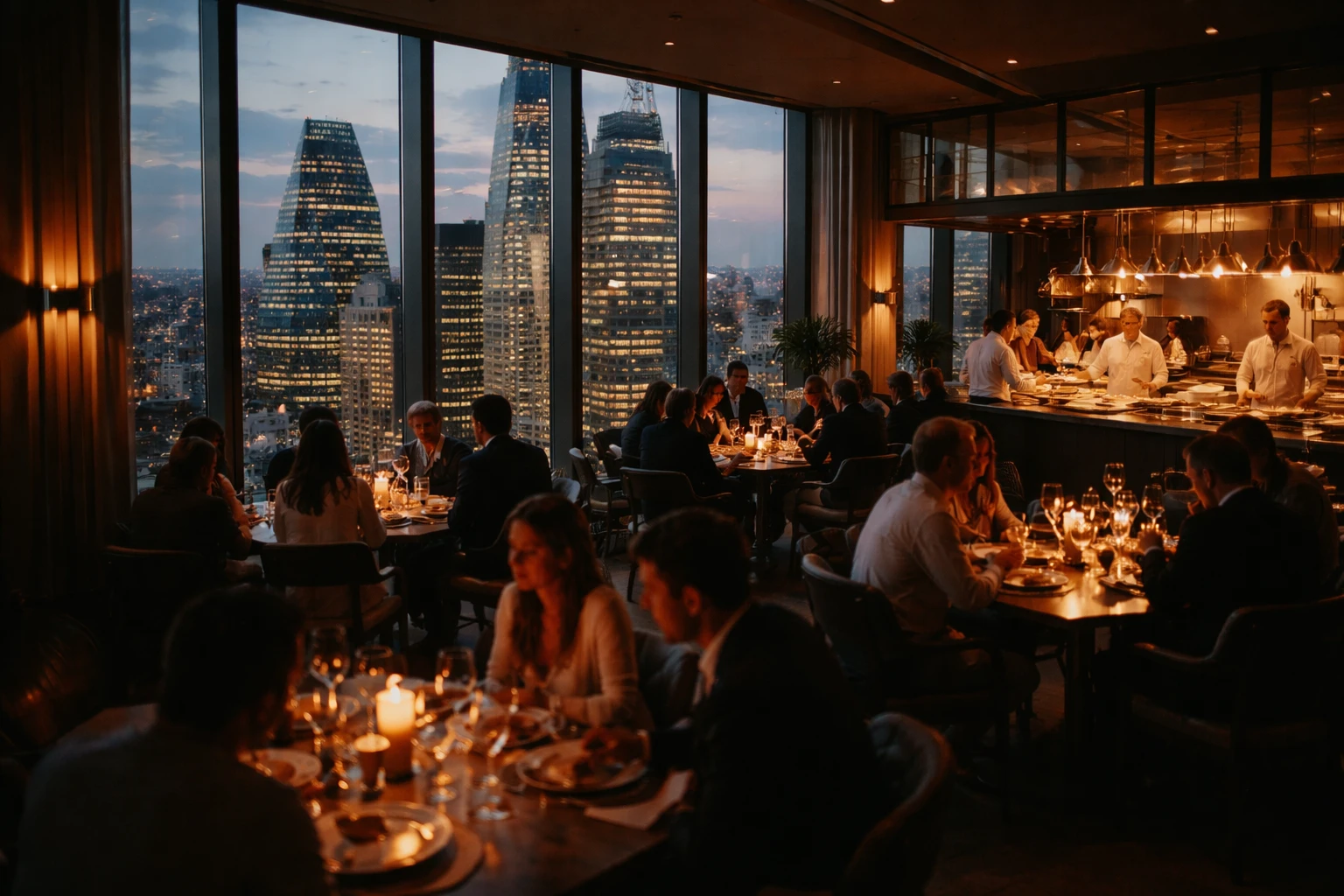 La sala di un ristorante del gruppo Gordon Ramsay ai piani alti di un grattacielo della City di Londra, con la cucina a vista e i clienti ai tavoli.