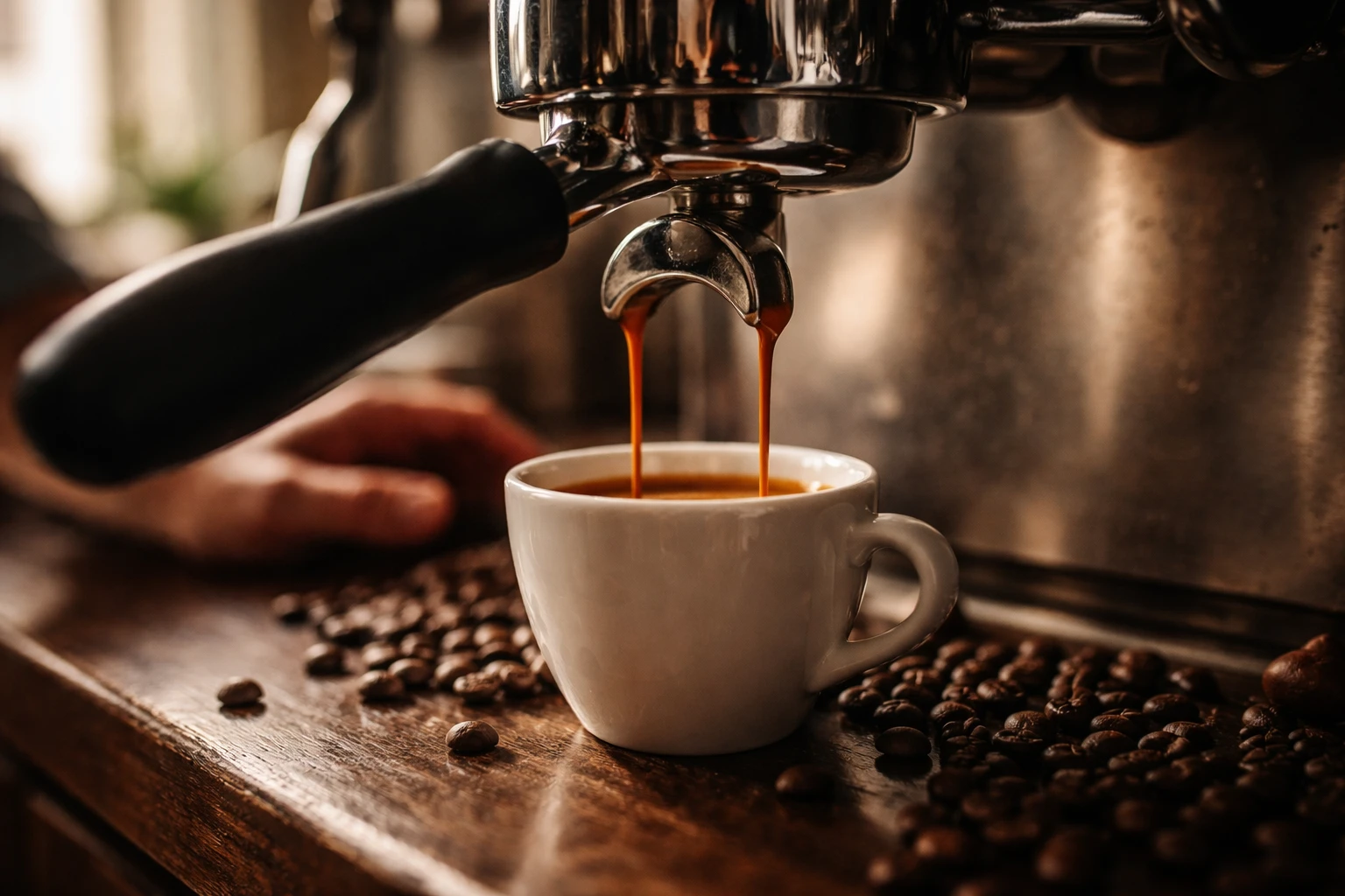 Estrazione di un espresso da una macchina professionale in una caffetteria, con chicchi di caffè tostato sul bancone di legno