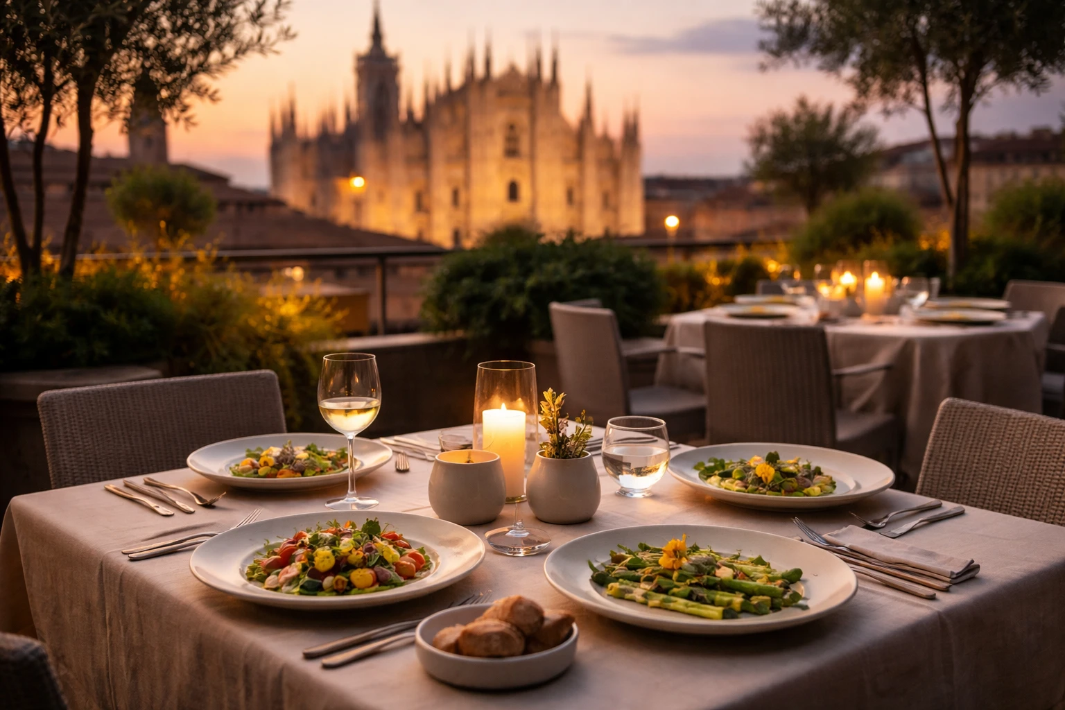 La terrazza di Horto a Milano con vista sul Duomo, all'ultimo piano del complesso The Medelan in piazza Cordusio.