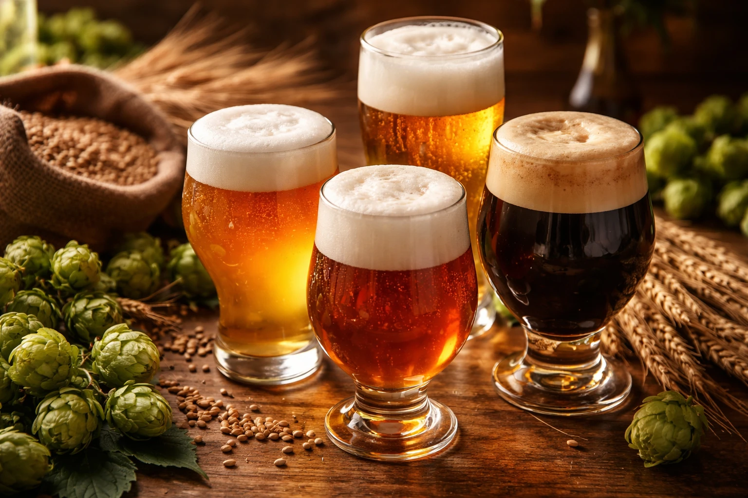 Una selezione di birre artigianali italiane in diversi bicchieri, con luppoli, orzo e un tavolo di legno rustico sullo sfondo