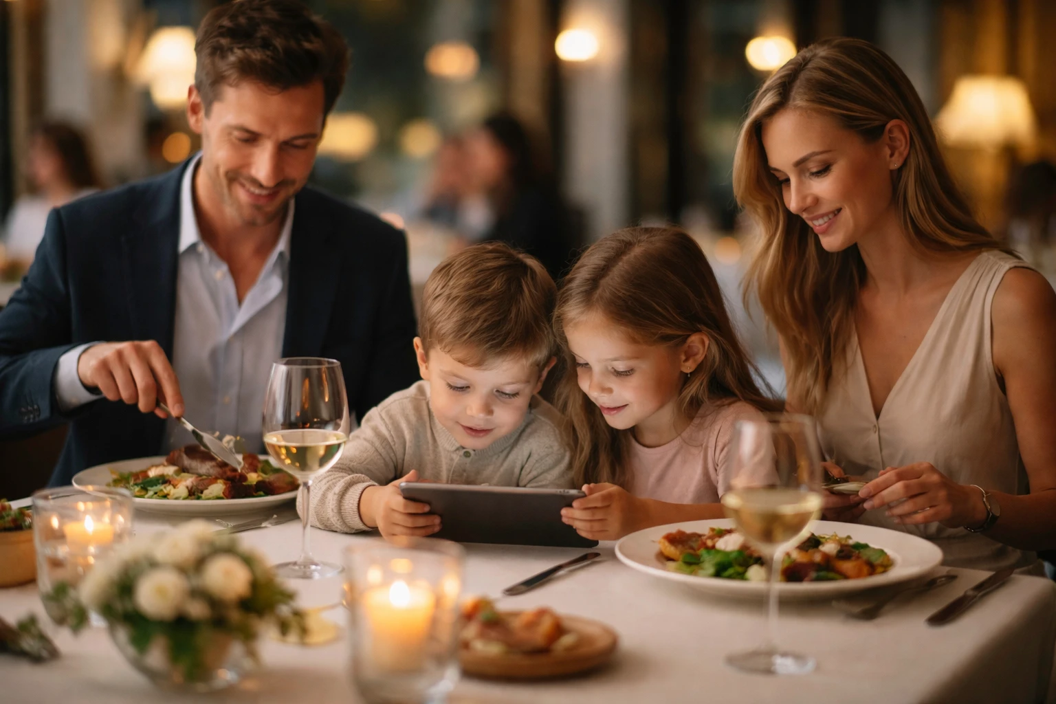 Una famiglia con due bambini seduti a un tavolo in un ristorante durante cena formale, i genitori mangiano calmi mentre i bambini giocano con un tablet