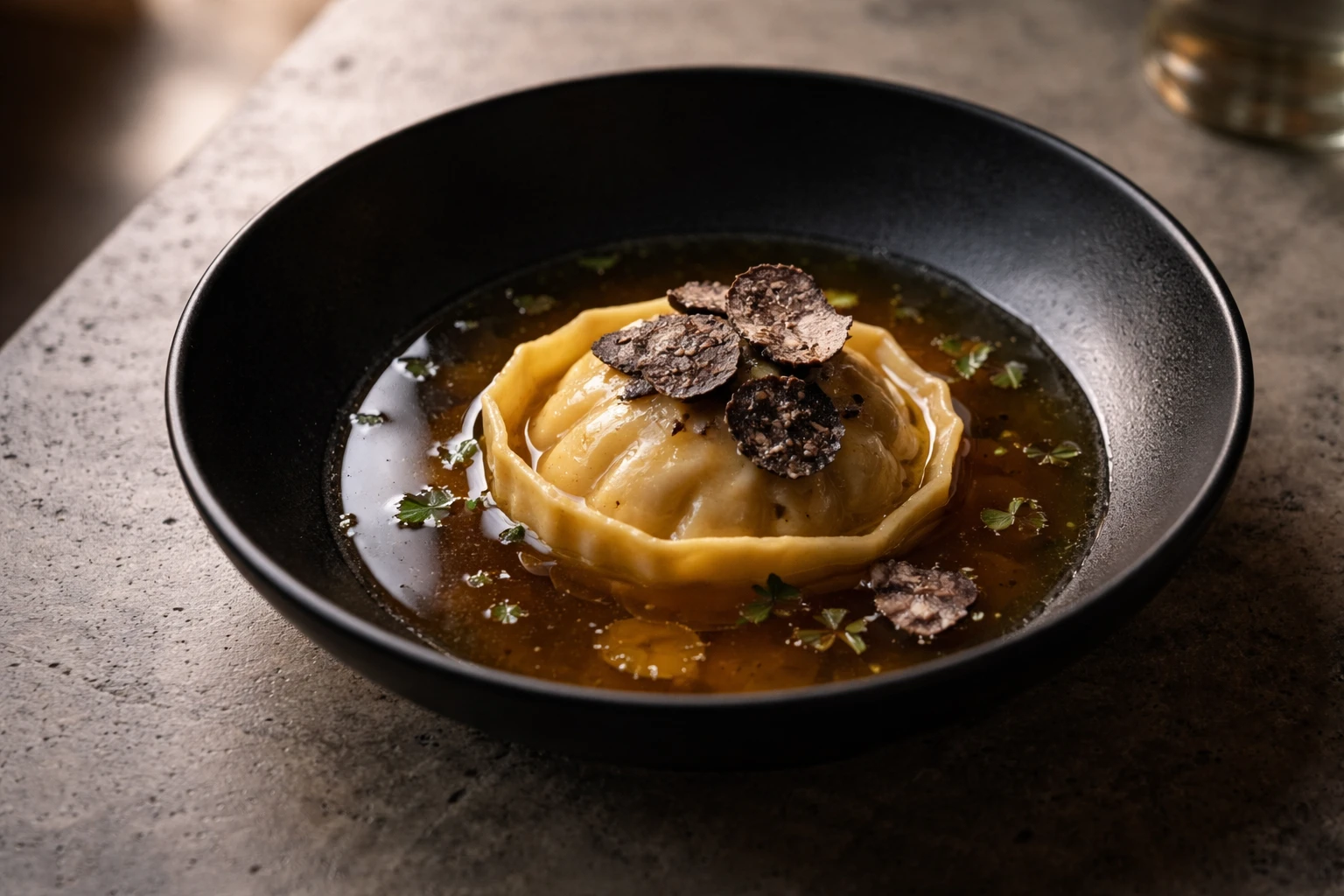 Raviolo di faraona in brodo chiarificato con tartufo nero al ristorante Incipit a Pistoia