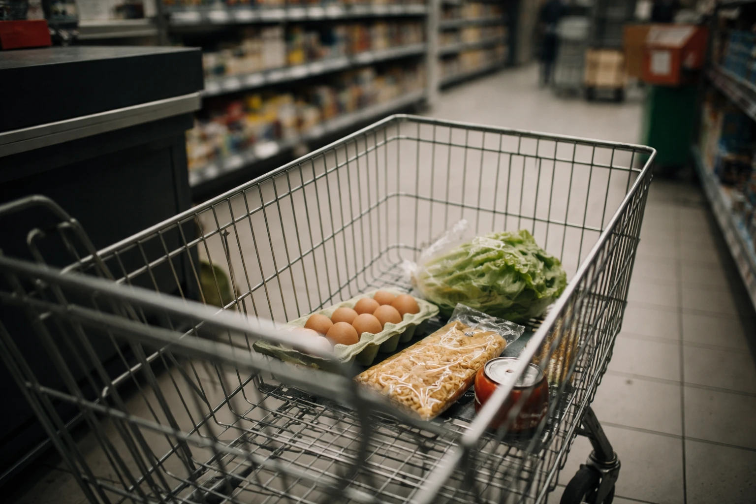 Carrello semivuoto con quattro o cinque prodotti di base vicino alla cassa di un supermercato italiano