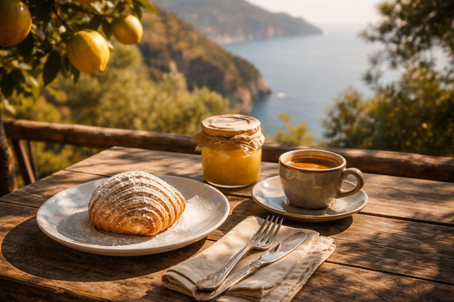 Un tavolino di legno rustico su un terrazzo a strapiombi su mare, con un piatto di ceramica bianca contenente un dolce artigianale spolverato, un tovagoliere di lino piegato, un vasetto di curd al limone e una tazza di caffè, con luce dorata e il mare sullo sfondo