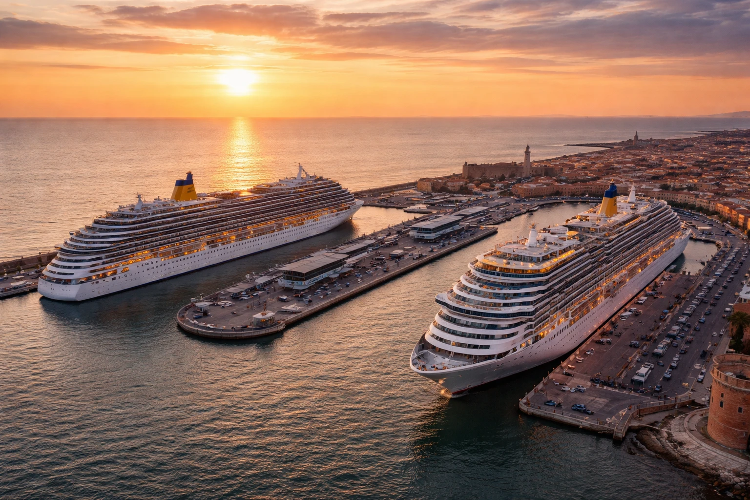 Vista aerea del porto crocieristico di Livorno con grandi navi ormeggiate al tramonto, luce mediterranea