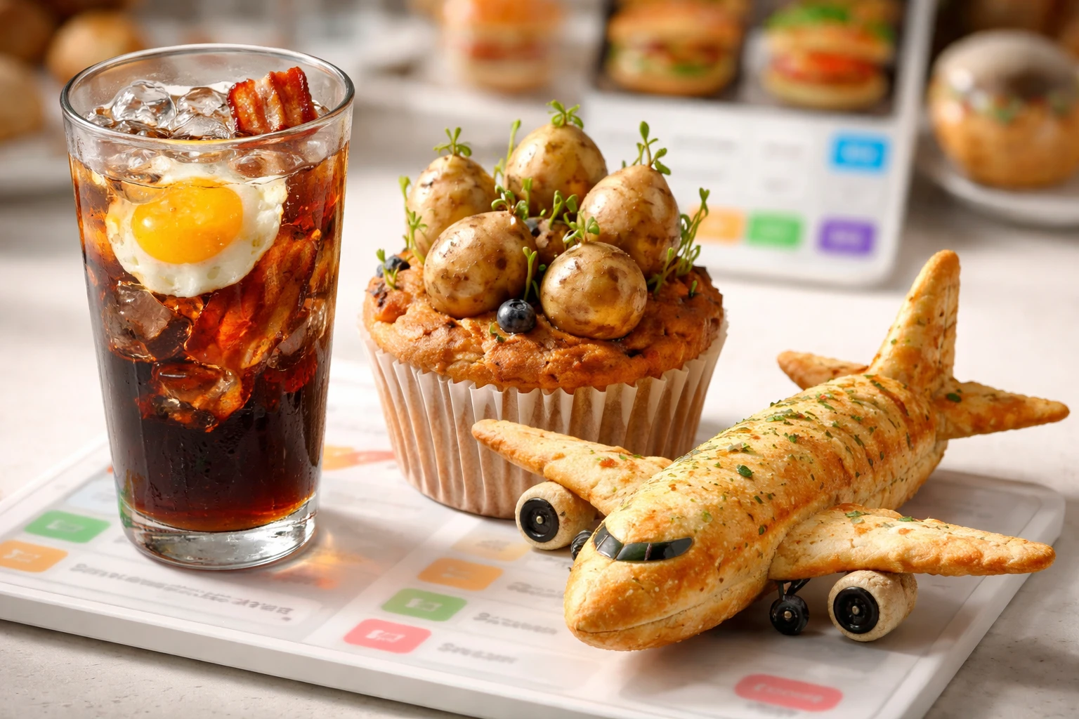 Collage surreale di errori IA: cola con uovo e bacon, muffin con patate, pane all'aglio a forma di aereo su sfondo app delivery