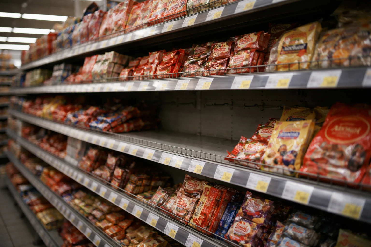Scaffale di un supermercato moscovita con spazi vuoti dove c'erano prodotti Nestlé, ora riempiti da marchi dolciari locali russi con confezioni in cirillico.