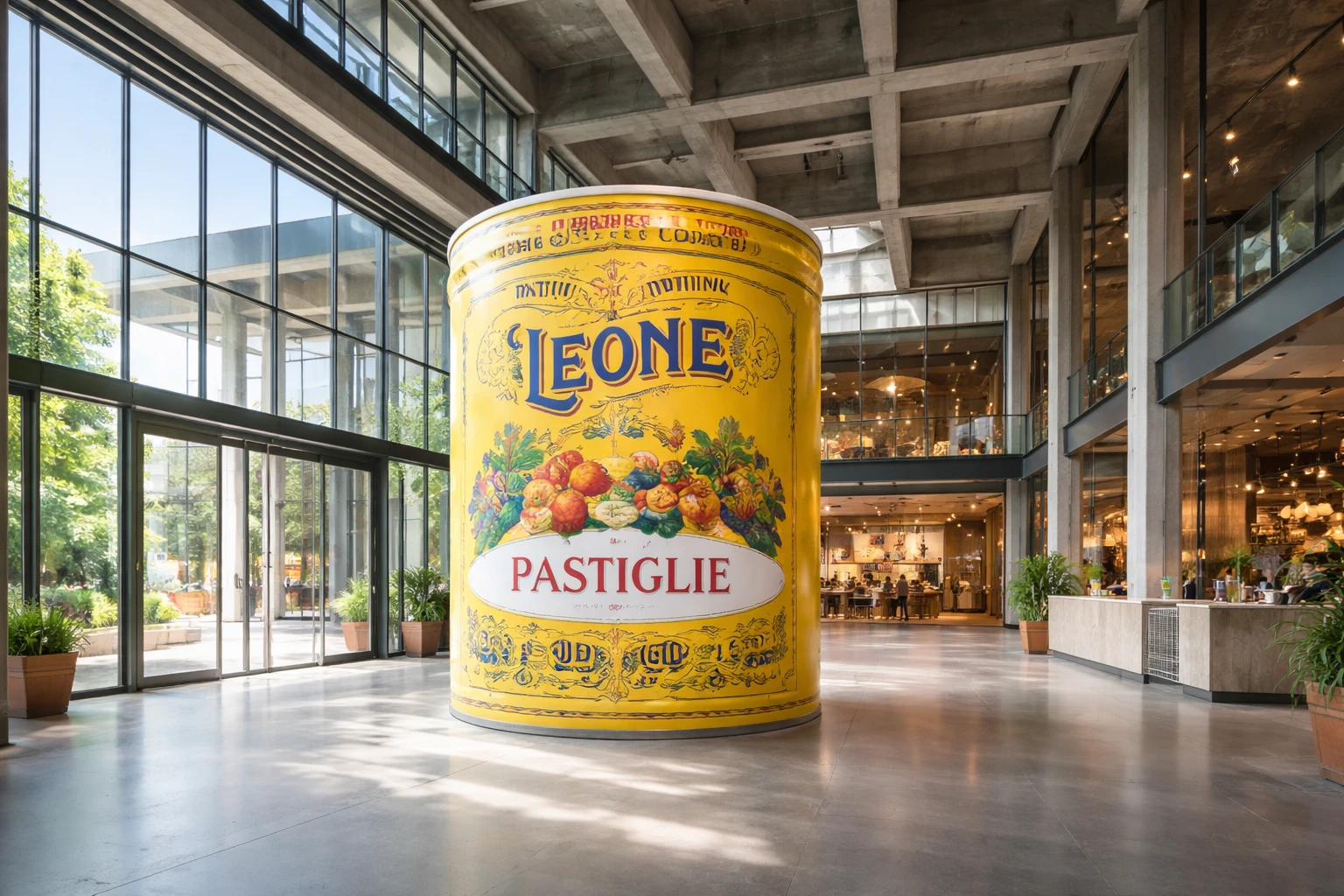 Atrio de La Fabbrica della Felicità con la storica latta gialla Leone al centro, architettura industriale moderna, Collegno.