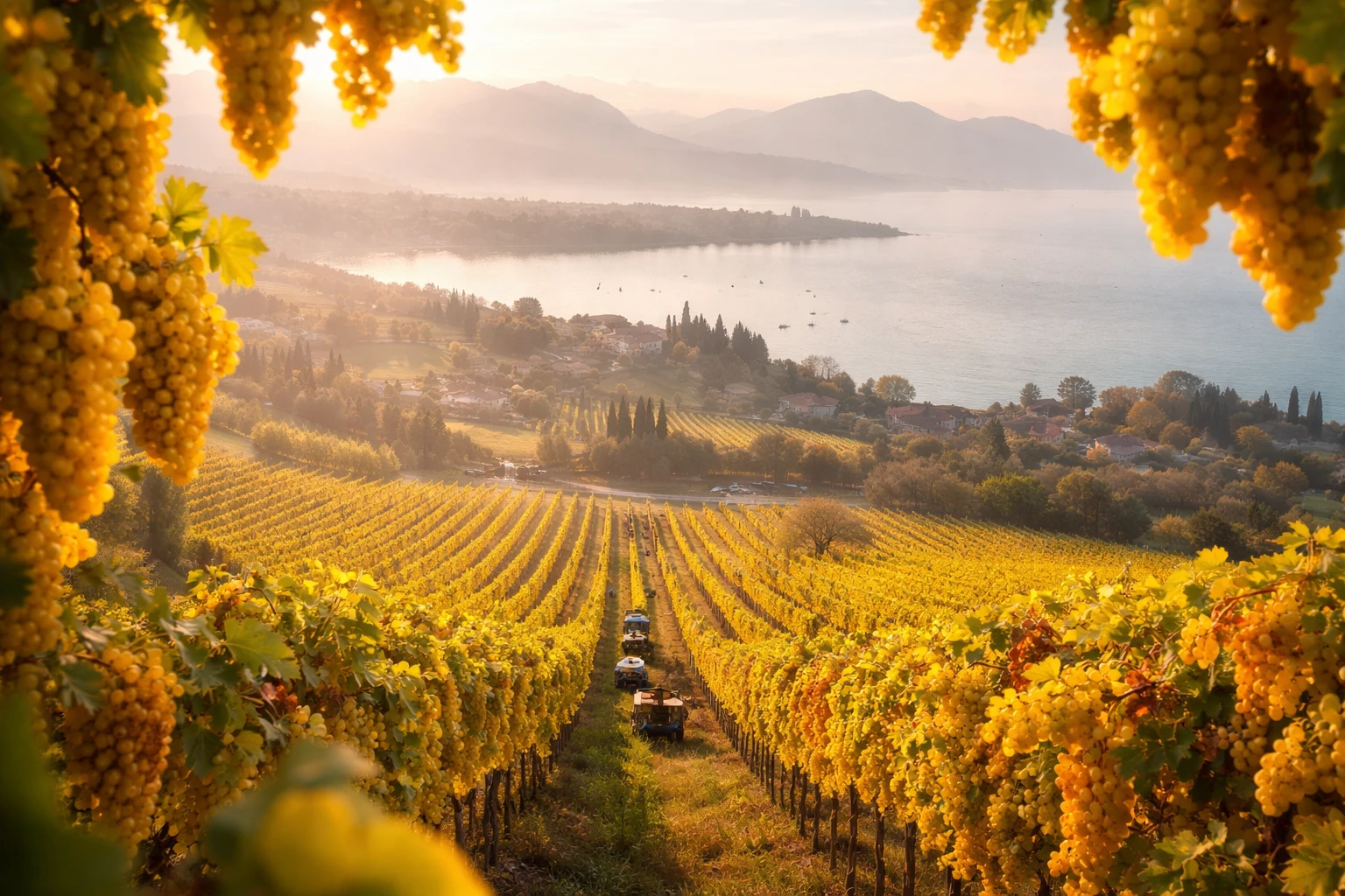 Vigneti del Lugana intorno al Lago di Garda durante la vendemmia autunnale, grappoli dorati appesi alle viti, colline ondulate sullo sfondo, luce morbida del mattino attraverso la nebbia autunnale.