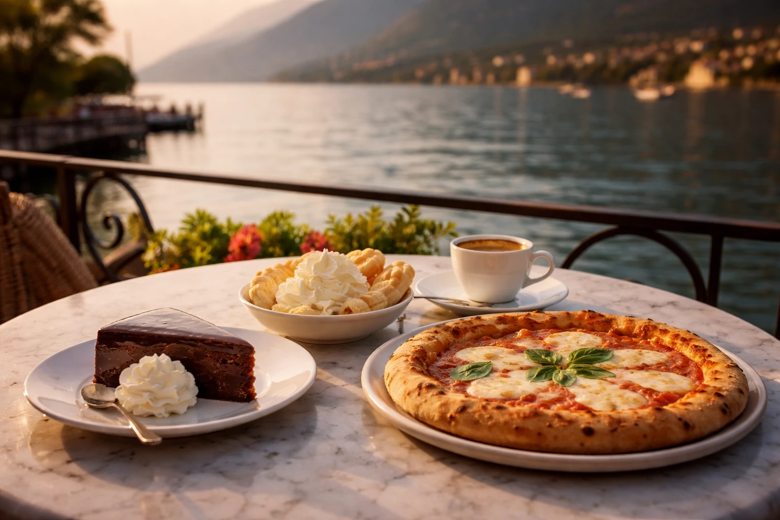 Tavolo in terrazza sul Lago di Garda a Gardone Riviera con una fetta di Sacher, creme del maestro Massari con lingue di sfoglia e una pizza Margherita