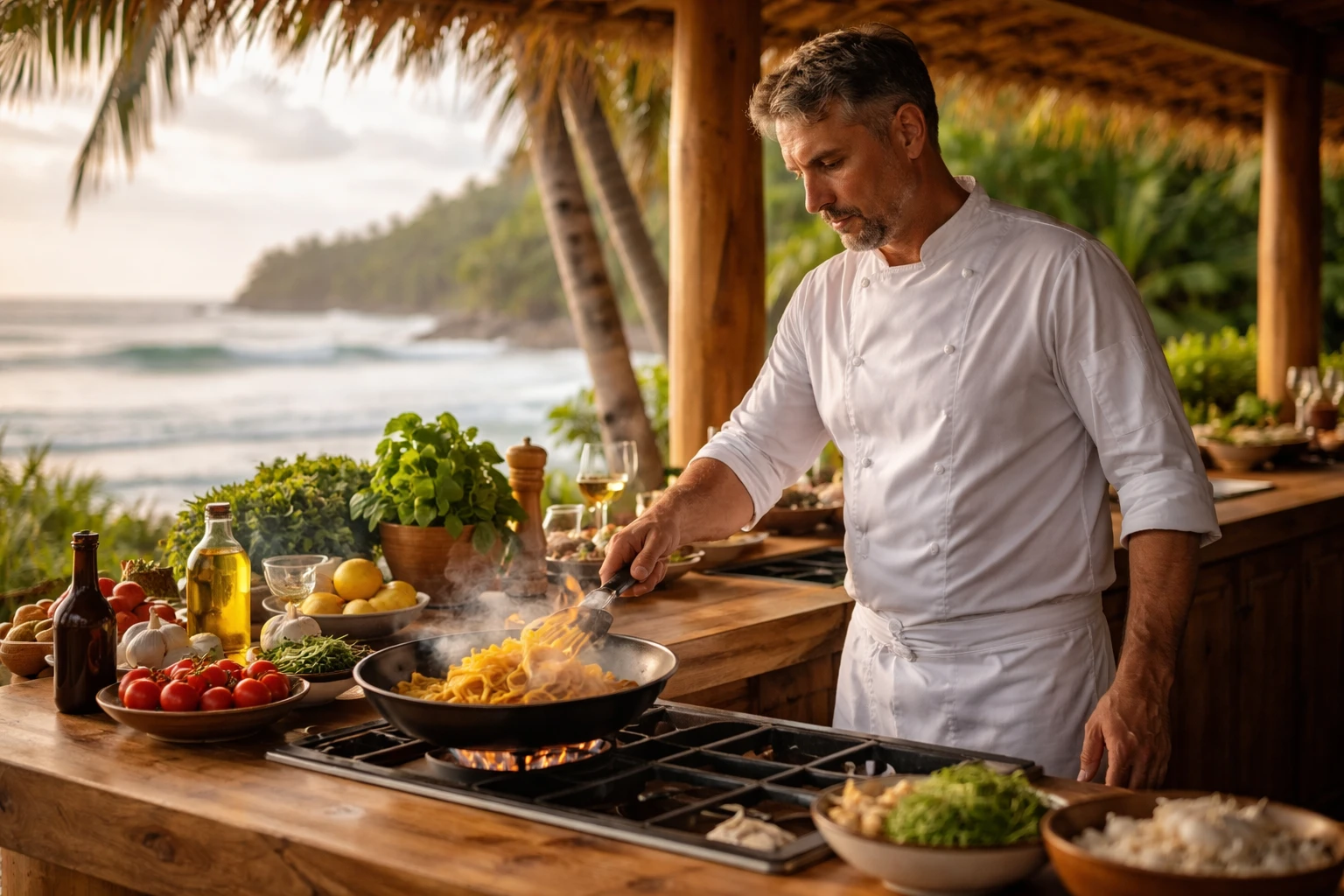 Max Mariola nella cucina aperta di una villa alle isole Mentawai, bancone di legno e oceano sullo sfondo