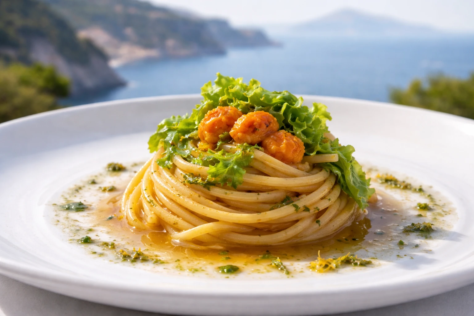 Linguina con zuppetta di murena, emulsione ai ricci e lattuga di mare al ristorante Maxi di Vico Equense
