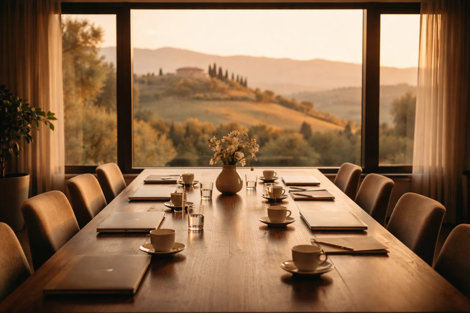 Sala riunioni di un gruppo dell'ospitalità con tavolo in legno e finestra aperta sulle colline toscane al tramonto
