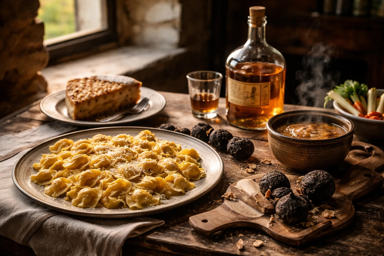 Tavola rustica in pietra con pasta fresca, grappa, tartufo nero, torta Albanese e bagna cauda, illuminata da luce naturale filtrata