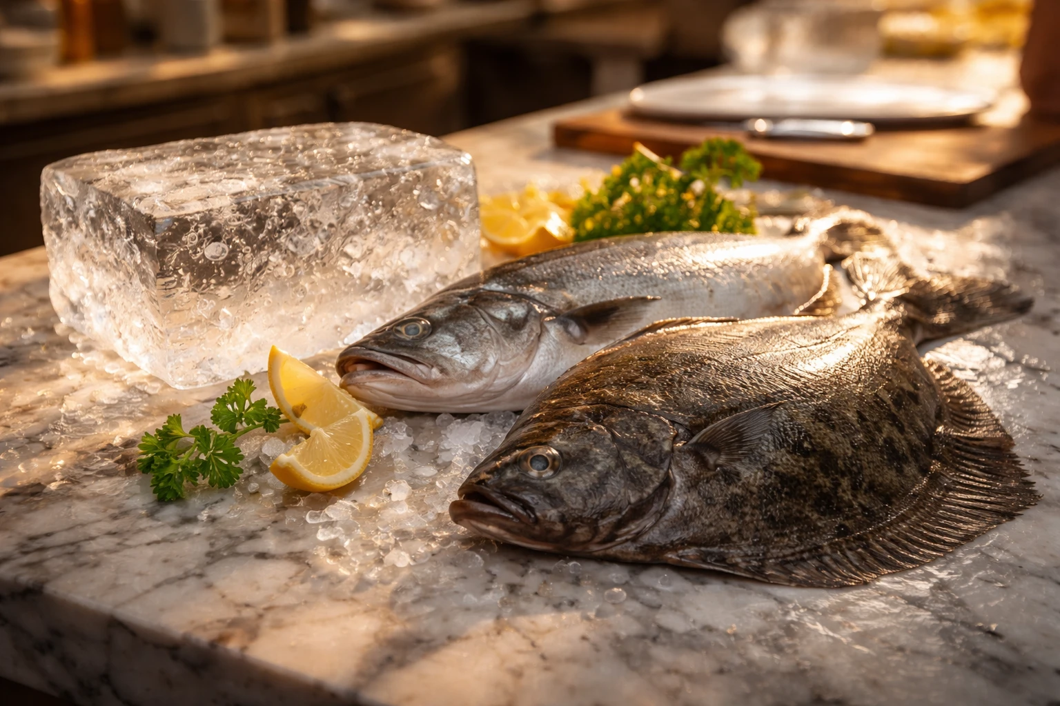 Filetto di rombo e sogliola disposti su un tagliere di legno accanto a un blocco di ghiaccio norvegese trasparente in un ristorante italiano