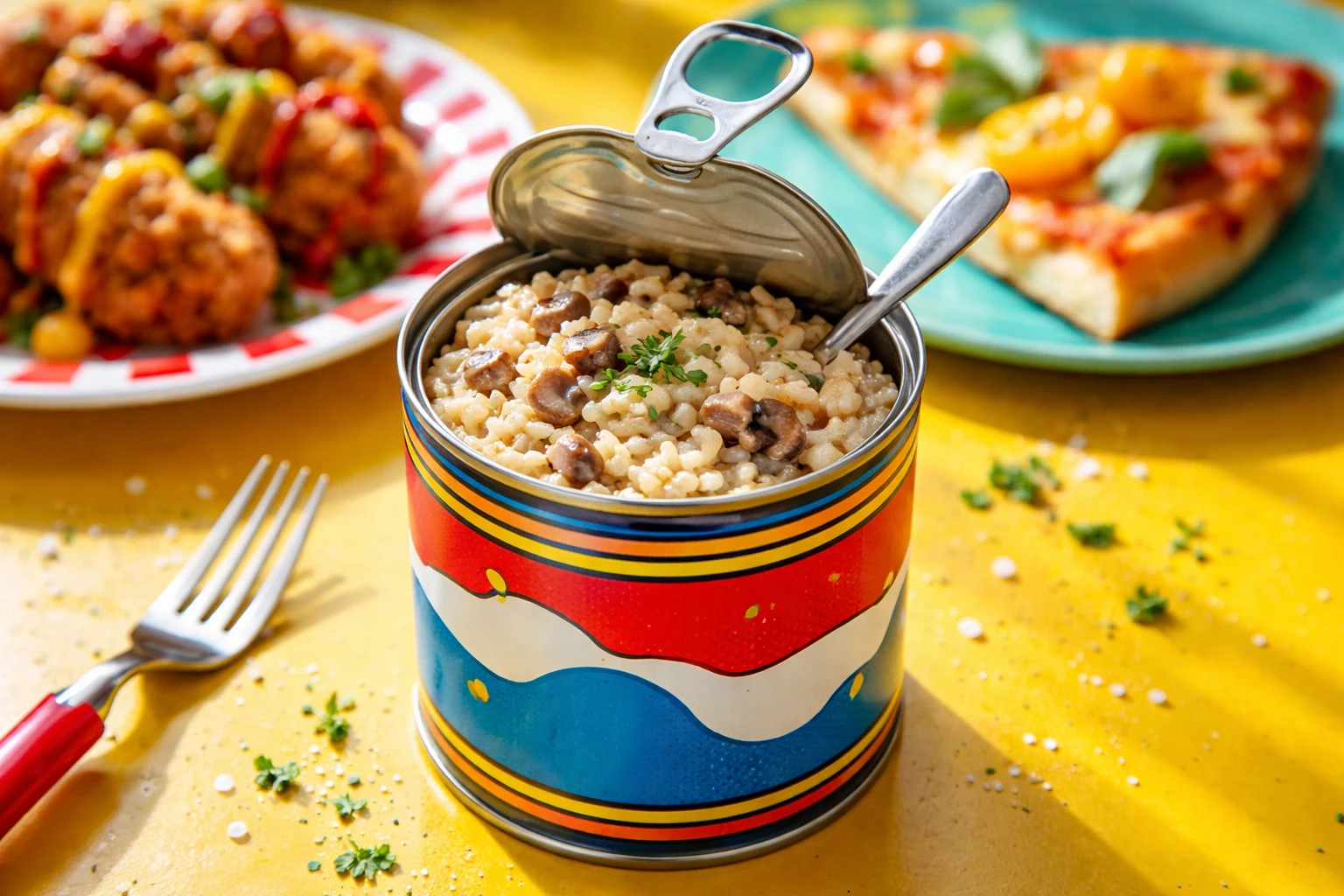 Un risotto servito dentro una lattina in stile pop art su un tavolo colorato, accanto a un piatto di pollo fritto con salse dai colori vivaci