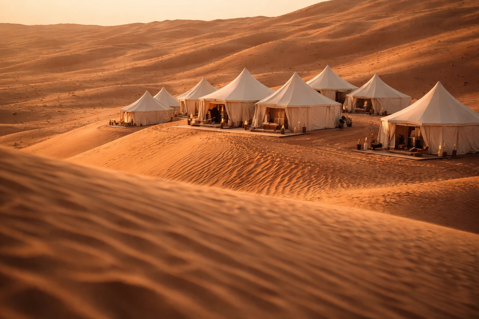Campo tendato di lusso sulla sommità di una duna nel deserto di Wahiba Sands, in Oman, al tramonto.